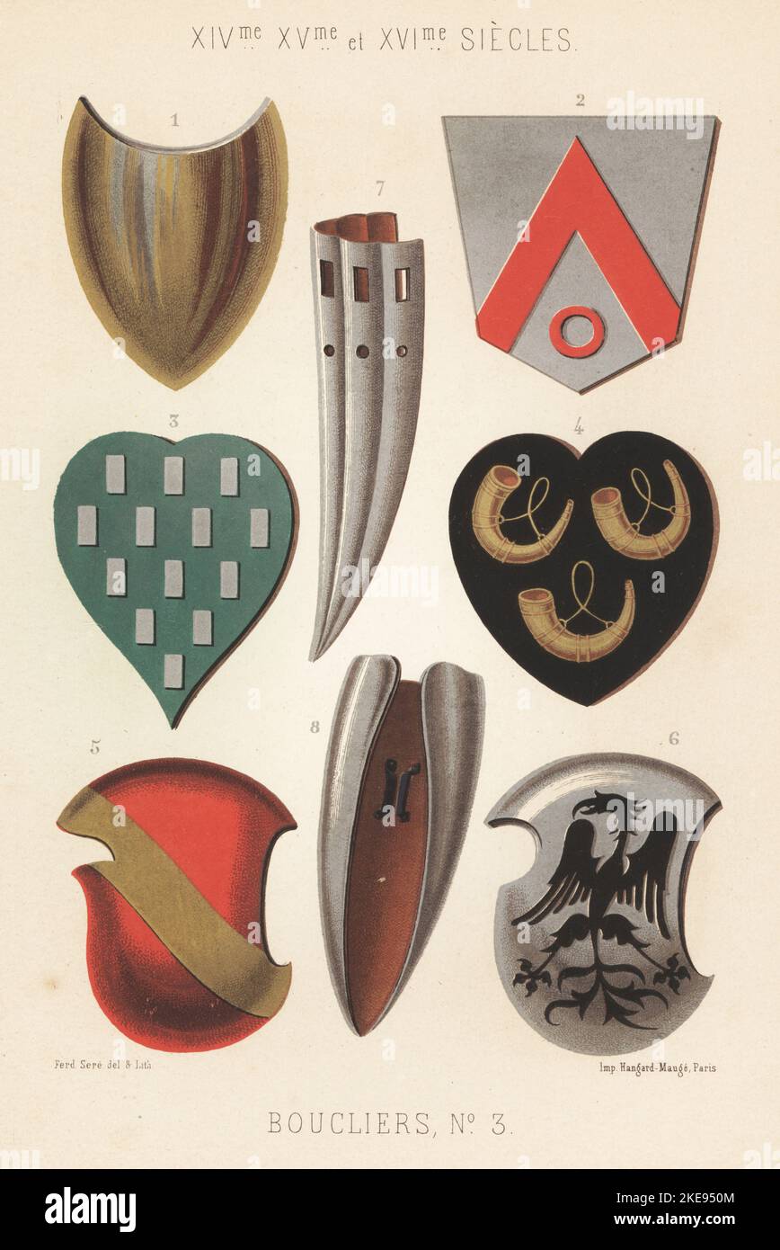 Military shields or bucklers, 14th to 16th centuries. 2 Gautier de Vriesele, lord of Ponderle, died 1433, 3 Guillaume Wenemare, died 1352, 4 Joannes Busere de Bassevelde died 1313, 7 from Fleur des histoires, 15thC, and 8 German buckler 16thC. Boucliers, No. 3. France, XIVe au XVIe siecles. Chromolithograph by Ferdinand Sere from Charles Louandre’s Les Arts Somptuaires, The Sumptuary Arts, Hangard-Mauge, Paris, 1858. Stock Photo