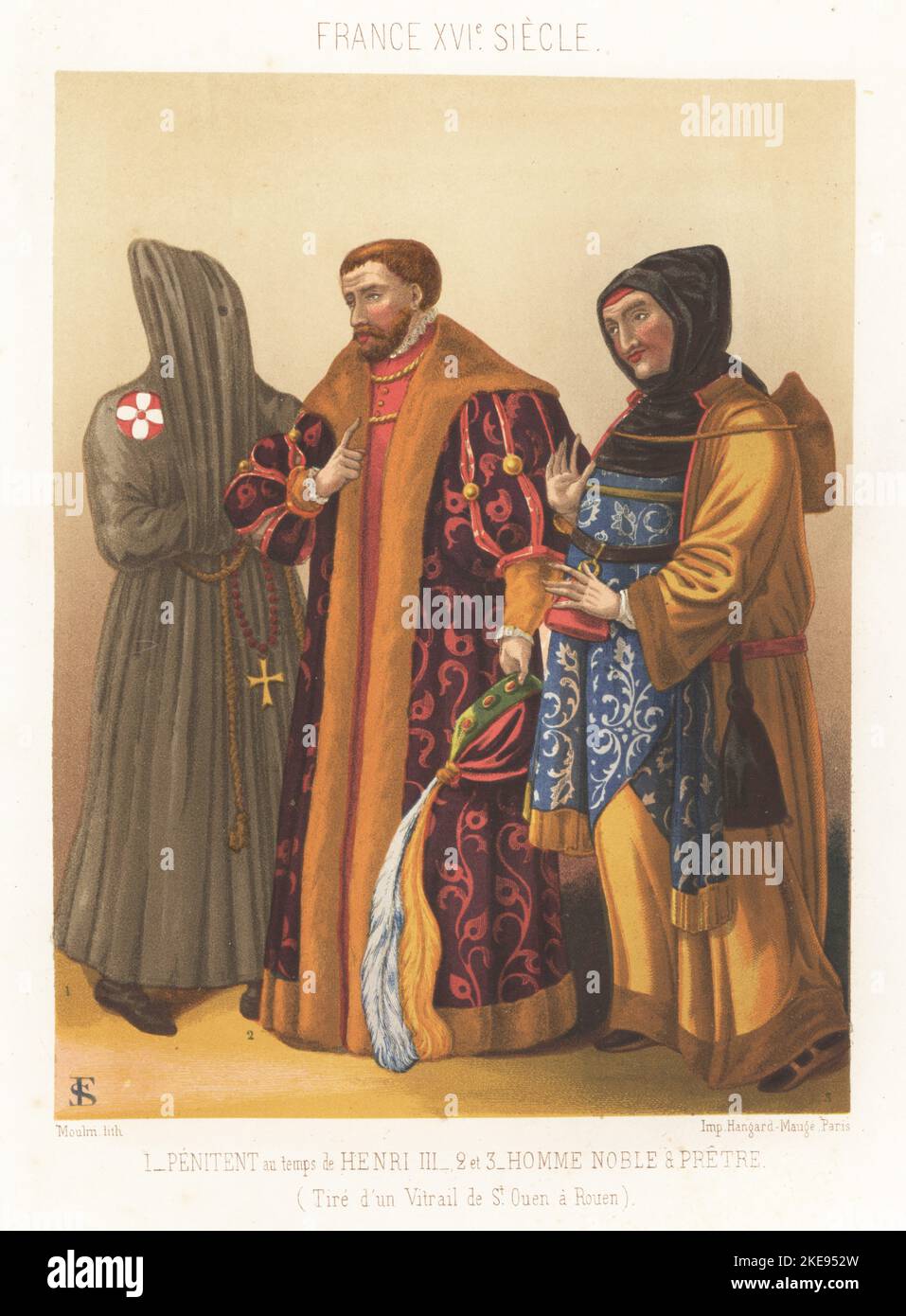 Penitent in hooded robe, nobleman in brocade coat, and priest with alms bag and satchel, France, 16th century. Penitent au temps de Henri III, homme noble et pretre. XVIe siecle. Taken from a stained-glass window in Saint-Ouen Abbey, Rouen. Chromolithograph by Moulin after Ferdinand Sere from Charles Louandre’s Les Arts Somptuaires, The Sumptuary Arts, Hangard-Mauge, Paris, 1858. Stock Photo