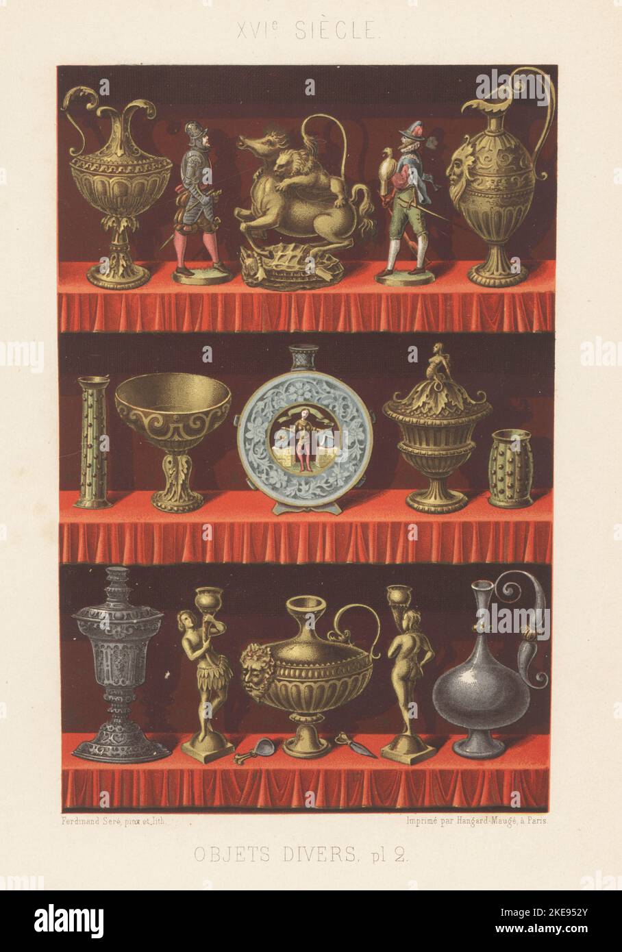 Renaissance vases, jugs, statuettes, figurines, plates, etc., used to decorate royal houses, 16th century. Chromolithograph by Ferdinand Sere from Charles Louandre’s Les Arts Somptuaires, The Sumptuary Arts, Hangard-Mauge, Paris, 1858. Stock Photo