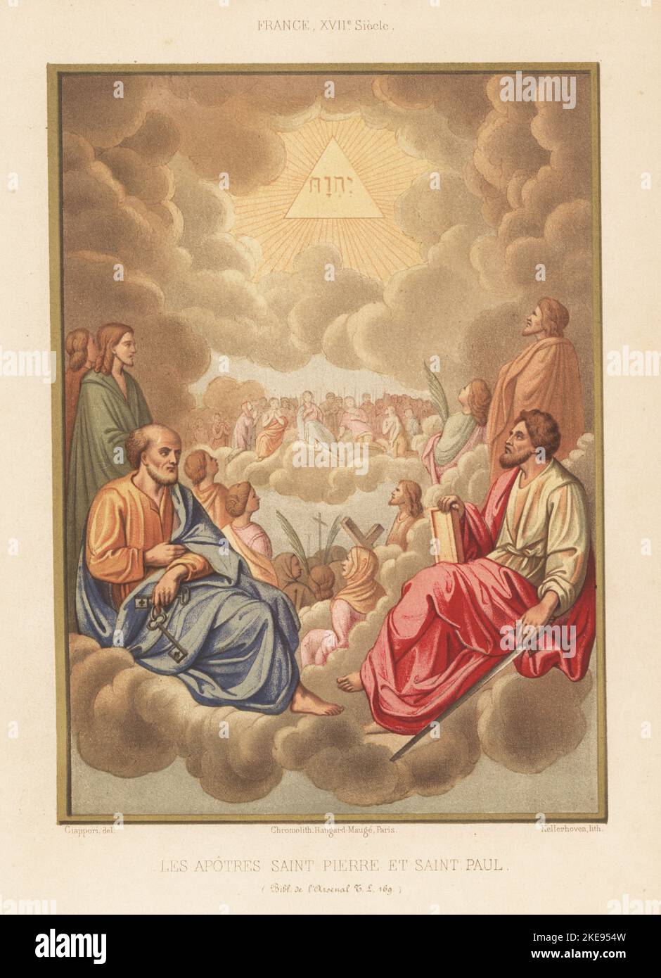 The apostles Saint Peter and Saint Paul seated on a cloud. Peter at left with keys, Paul at right with Bible and sword. Les apotres Saint Pierre et Saint Paul. From an illuminated manuscript Collectarium ad usum regalis ecclesiae sanctae Catherinae in cultura Parisiensis, 1687, TL MS 169, Bibliotheque de l'Arsenal. Chromolithograph by Franz Kellerhoven after an illustration by Claudius Joseph Ciappori from Charles Louandre’s Les Arts Somptuaires, The Sumptuary Arts, Hangard-Mauge, Paris, 1858. Stock Photo