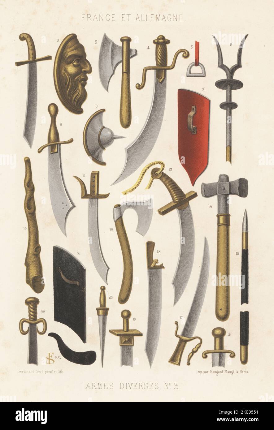 Military weapons, France and Germany, 15th century. Scimitar, stirrup, battle axe, battle hammer, dagger, poignard, sabre, buckler, shield, club, etc. Armes diverses, No. 3, France et Allemagne, XVe siecle. Chromolithograph by Ferdinand Sere from Charles Louandre’s Les Arts Somptuaires, The Sumptuary Arts, Hangard-Mauge, Paris, 1858. Stock Photo