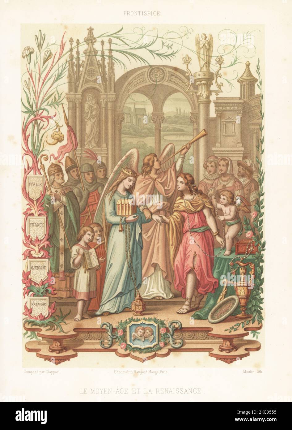 Allegorical frontispiece with figures of the Middle Ages and the Renaissance meeting. A herald angel with trumpet introduces them. Bishops, soldiers, page boys, courtiers watch them. Four shields at left inscribed Italy, France, Germany, Spain. Chromolithograph by Moulin after an illustration by Claudius Joseph Ciappori from Volume II of Charles Louandre’s Les Arts Somptuaires, The Sumptuary Arts, Hangard-Mauge, Paris, 1858. Stock Photo