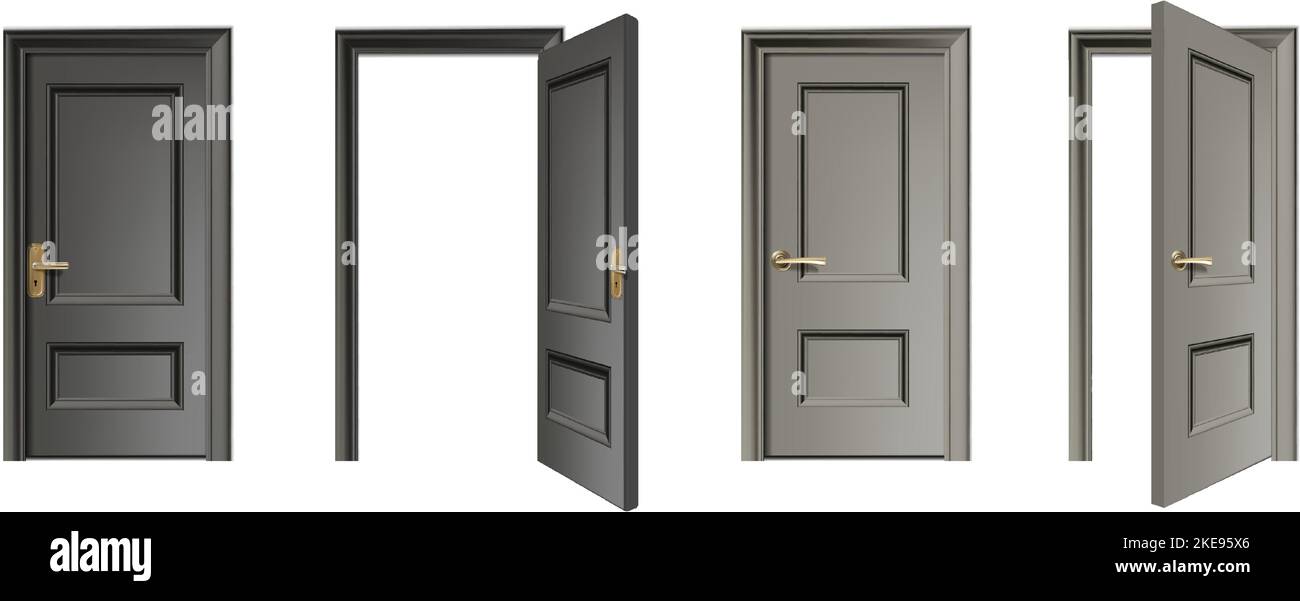 realistic vector icon set. Door set entrance collection with closed and open doors. Stock Vector