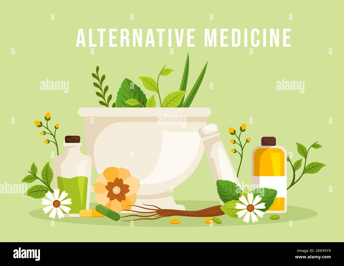 Alternative Medicine or Herbal Cure of Energy Therapies with Ginseng Root, Essential Oil and Seeds in Flat Cartoon Hand Drawn Templates Illustration Stock Vector