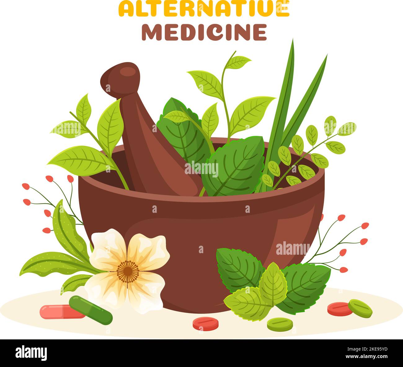 Alternative Medicine or Herbal Cure of Energy Therapies with Ginseng Root, Essential Oil and Seeds in Flat Cartoon Hand Drawn Templates Illustration Stock Vector