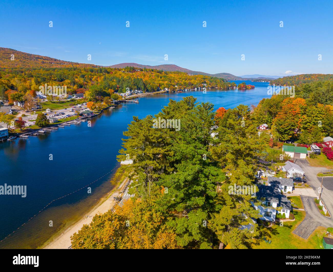 Alton Bay at Lake Winnipesaukee aerial view and village of Alton Bay in fall in town of Alton