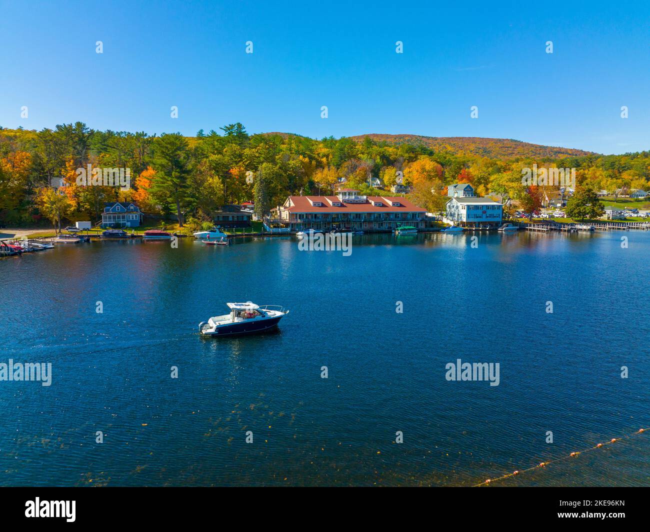 Alton Bay at Lake Winnipesaukee aerial view on Harmony Park and village