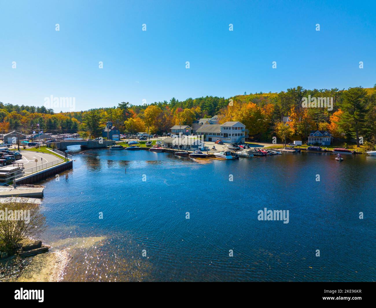 Alton Bay at Lake Winnipesaukee aerial view on Harmony Park and village
