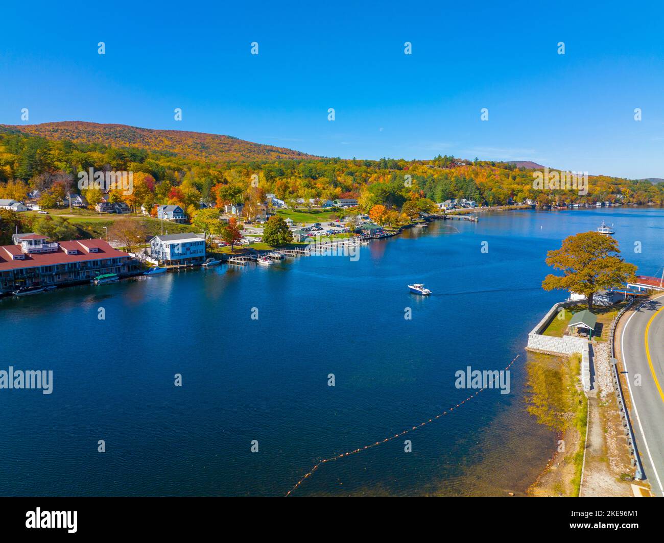 Alton Bay at Lake Winnipesaukee aerial view on Harmony Park and village