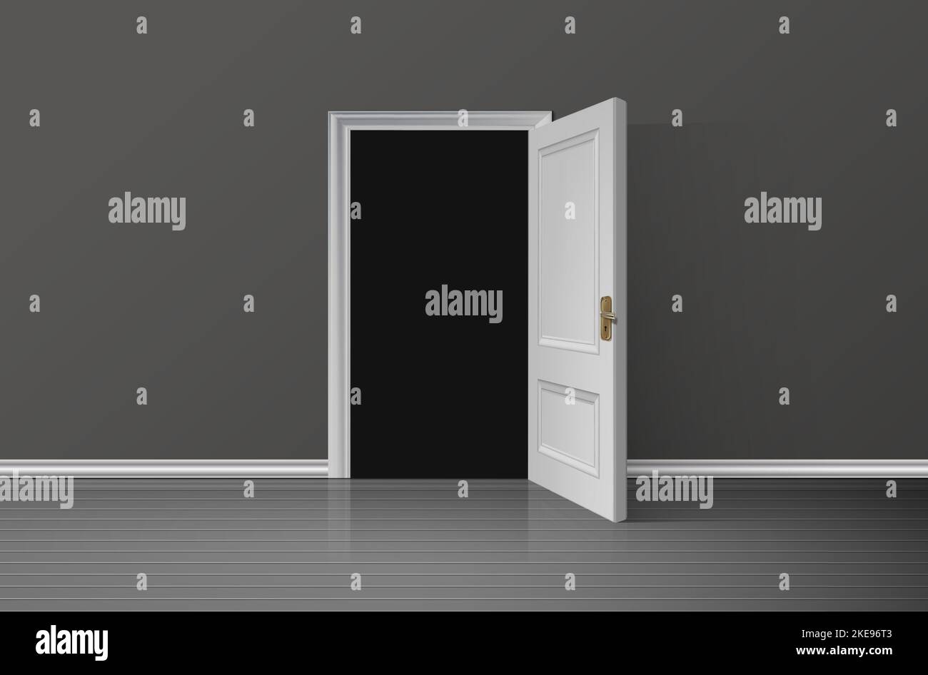 realistic vector illustration background. Open white wooden door with darkness inside the room. Stock Vector