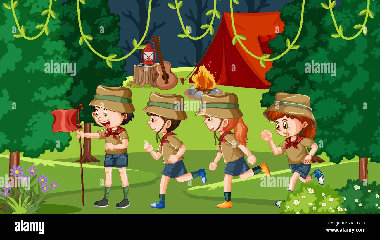 Scout kids hiking in the forest illustration Stock Vector Image & Art ...