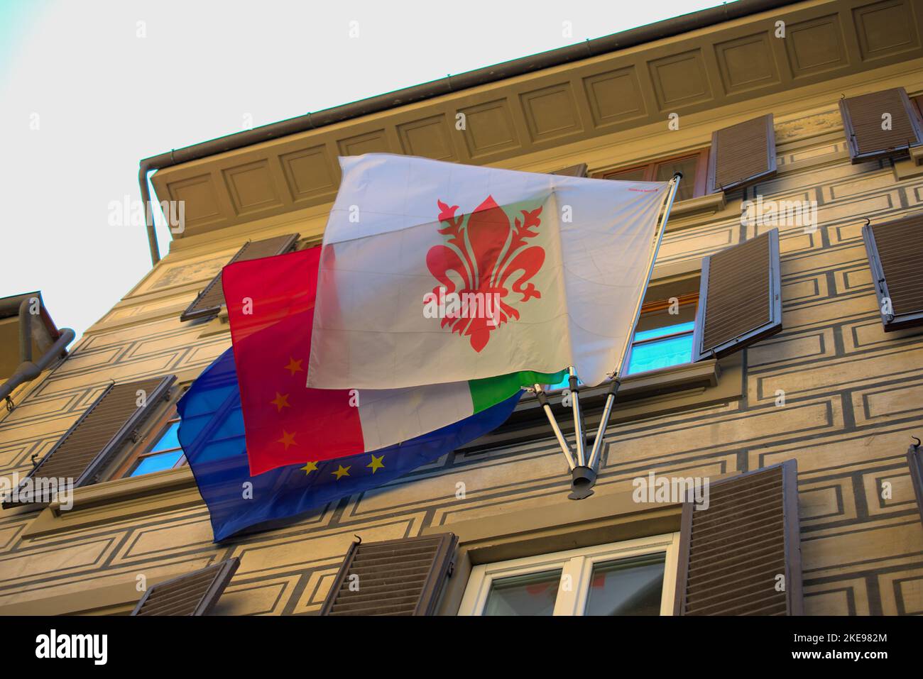Flag of Florence over the Italian flag and the EU flag Stock Photo