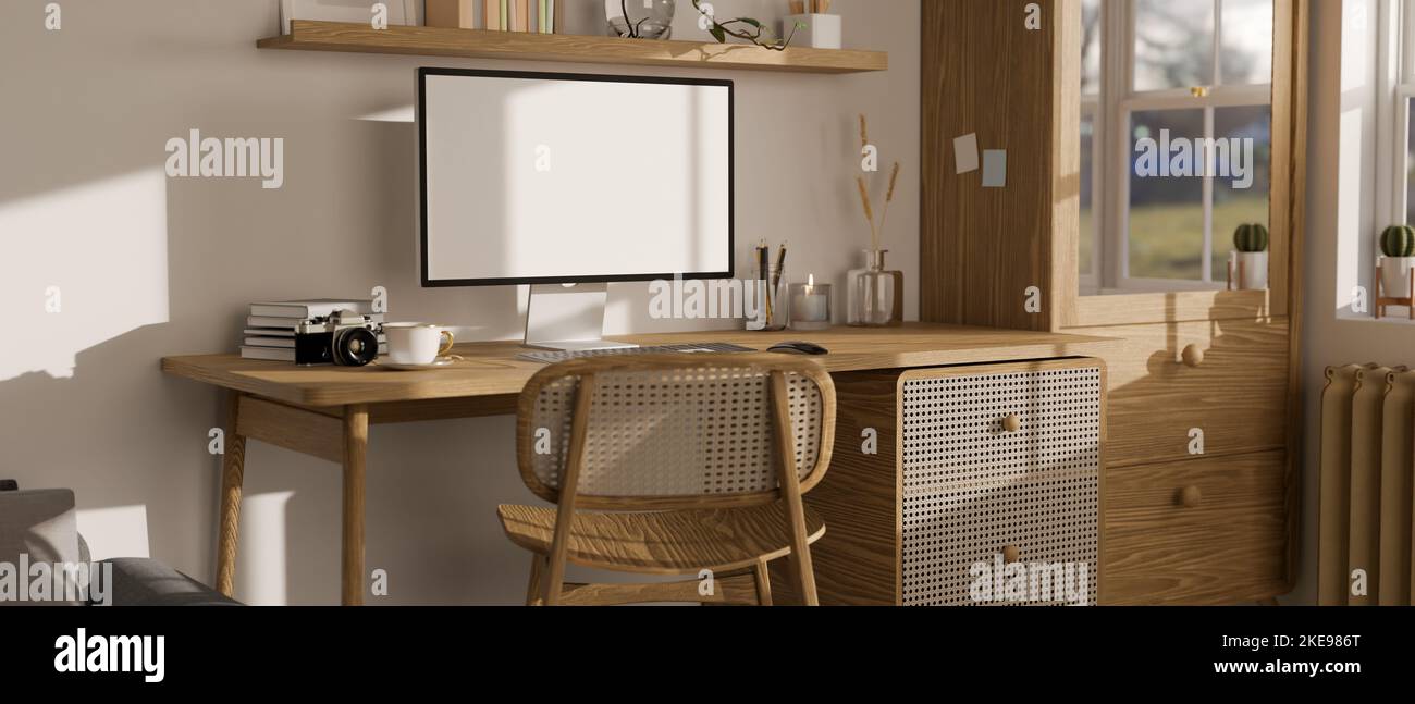 Minimal nordic Scandinavian home working room interior design with modern PC  desktop computer mockup on wood table, wood chair, wood cabinet, wall she  Stock Photo - Alamy, image size:1300x647