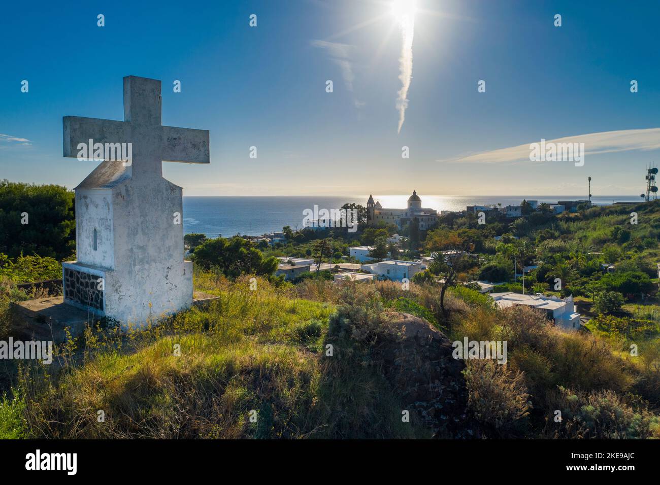 View of Stromboli and church of San Vicenzo Ferreri Blue sky, sunshine,Stromboli island,Aeolian Islands (Eolian Islands) Sicily, Italy, Europe Stock Photo