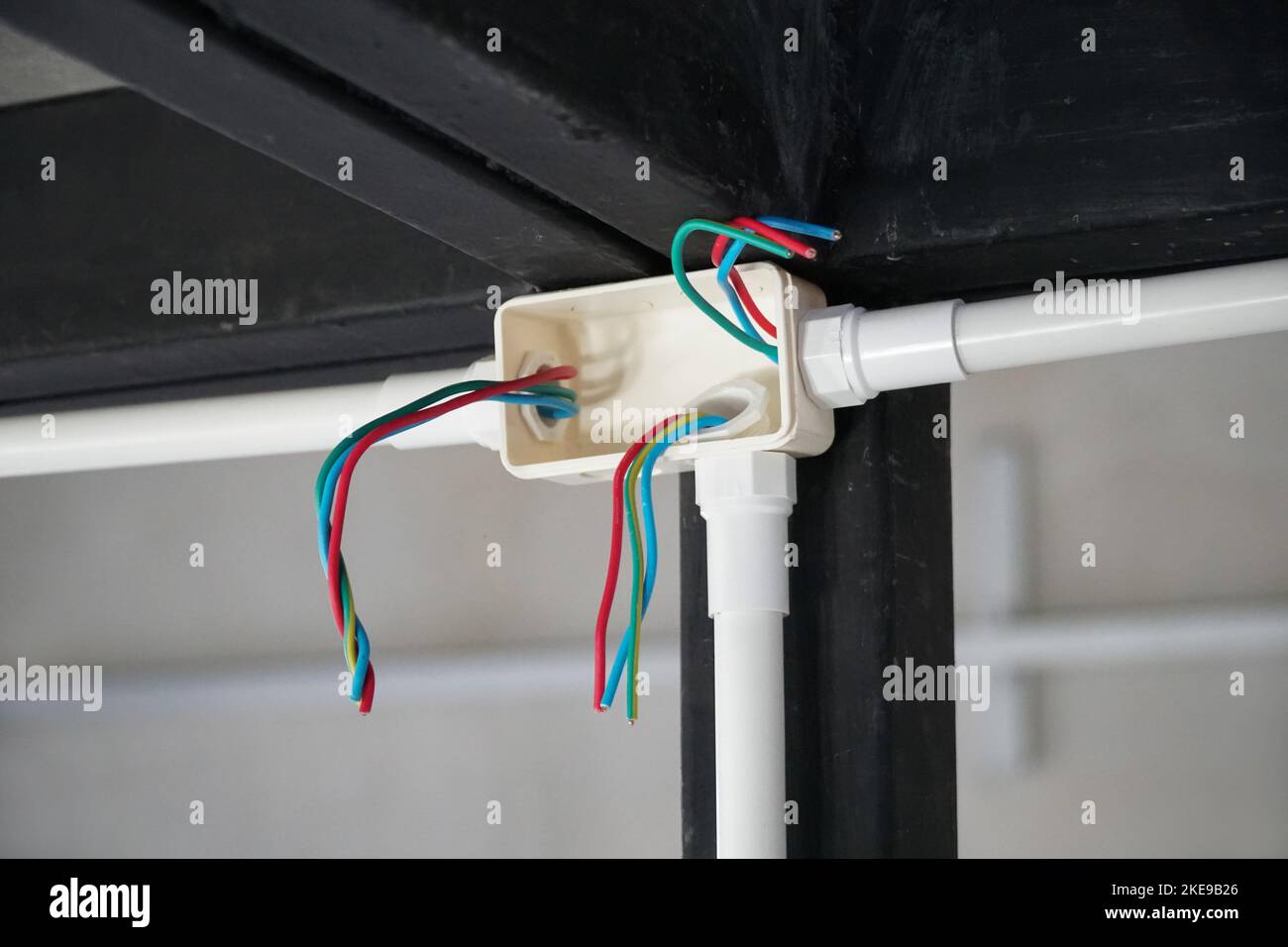 Electrician open cap of PVC electrical box in renovation house. Stock Photo