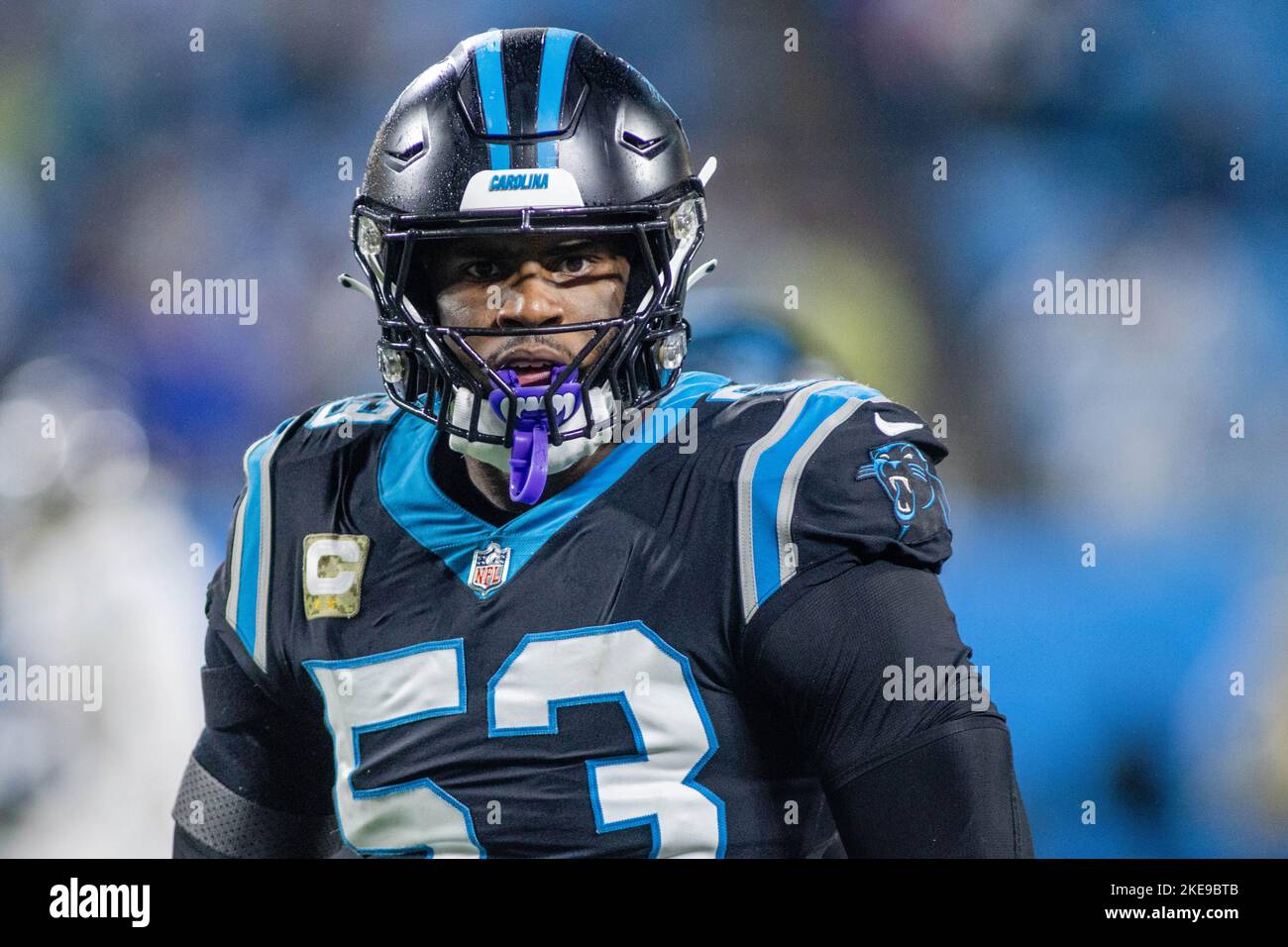 November 10, 2022: Carolina Panthers defensive end Brian Burns (53) reacts  after a stop during the second half of the NFL matchup [Brian Burns] in  Charlotte, NC. (Scott Kinser/Cal Sport Media/Sipa USA)(Credit