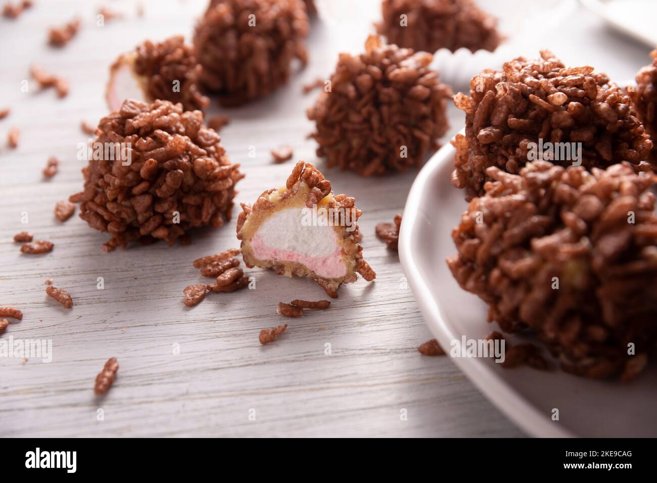 Homemade Caramel Marshmallows covered in chocolate flavor puffed rice, sweet treat easy to make