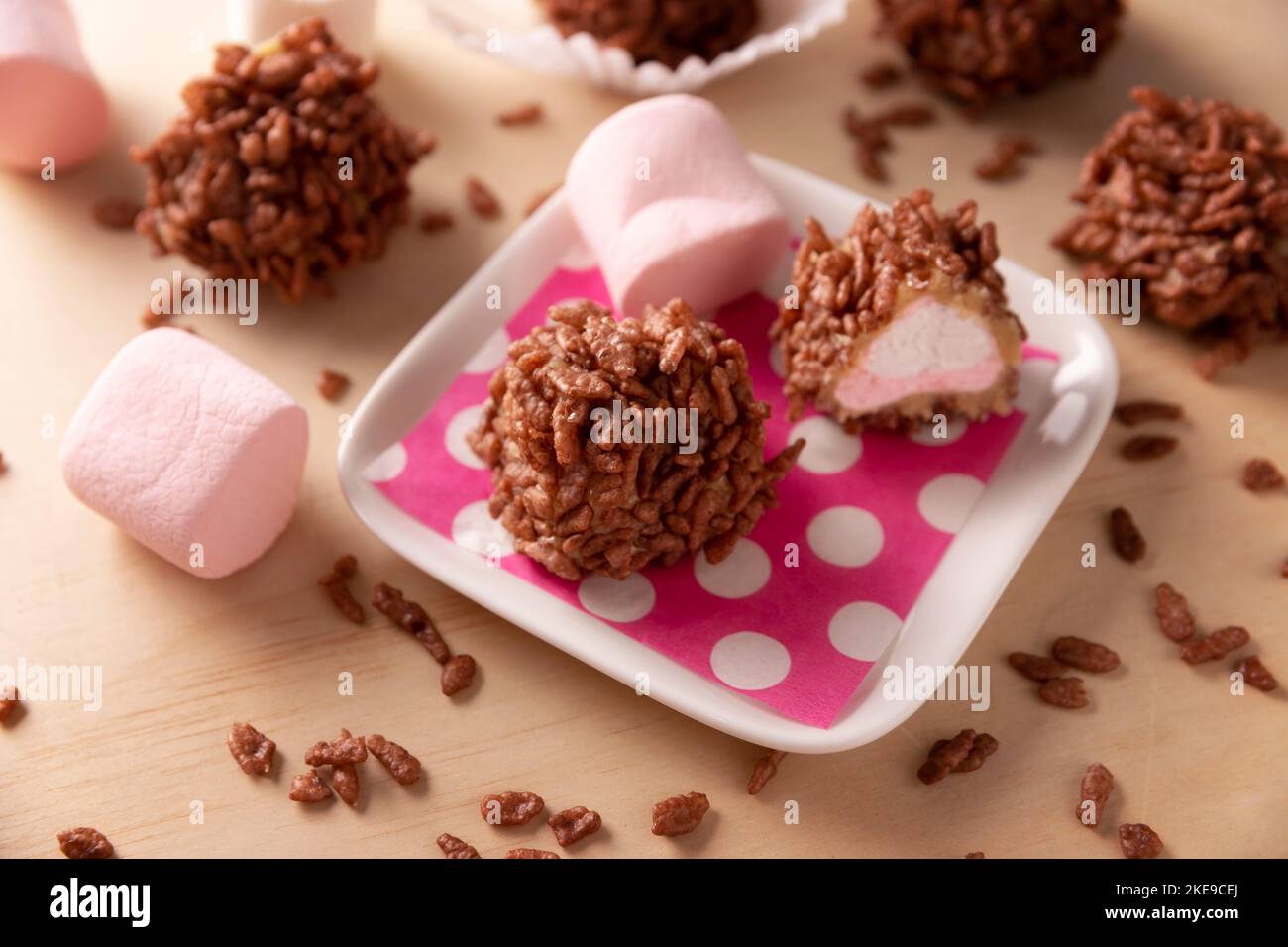 Homemade Caramel Marshmallows covered in chocolate flavor puffed rice, sweet treat easy to make