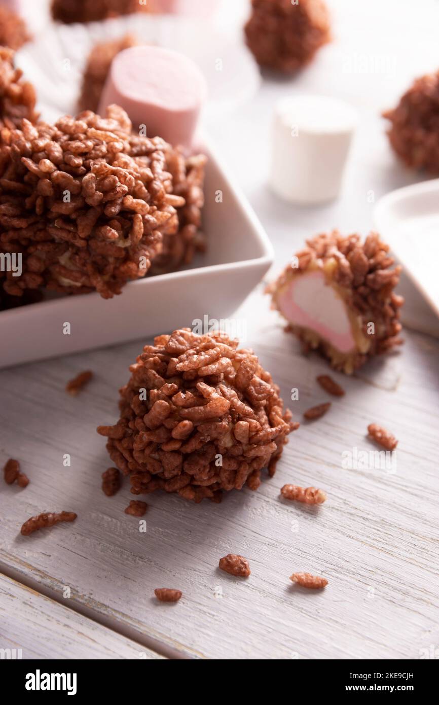 Homemade Caramel Marshmallows covered in chocolate flavor puffed rice, sweet treat easy to make