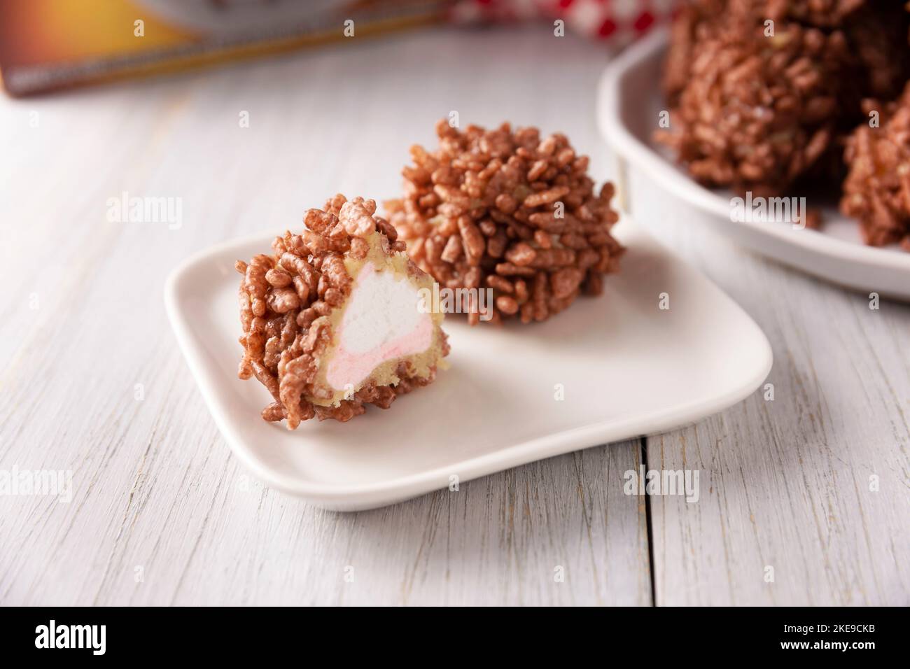 Homemade Caramel Marshmallows covered in chocolate flavor puffed rice, sweet treat easy to make