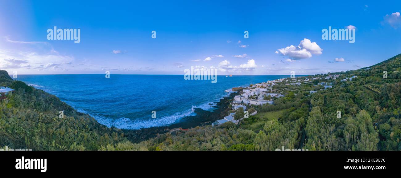 A 180 degree view of the coast line and residential area of Piscità, Stromboli, Aeolian Islands,(Eolian Islands),Southern Italy, Europe, Sicily, Italy Stock Photo
