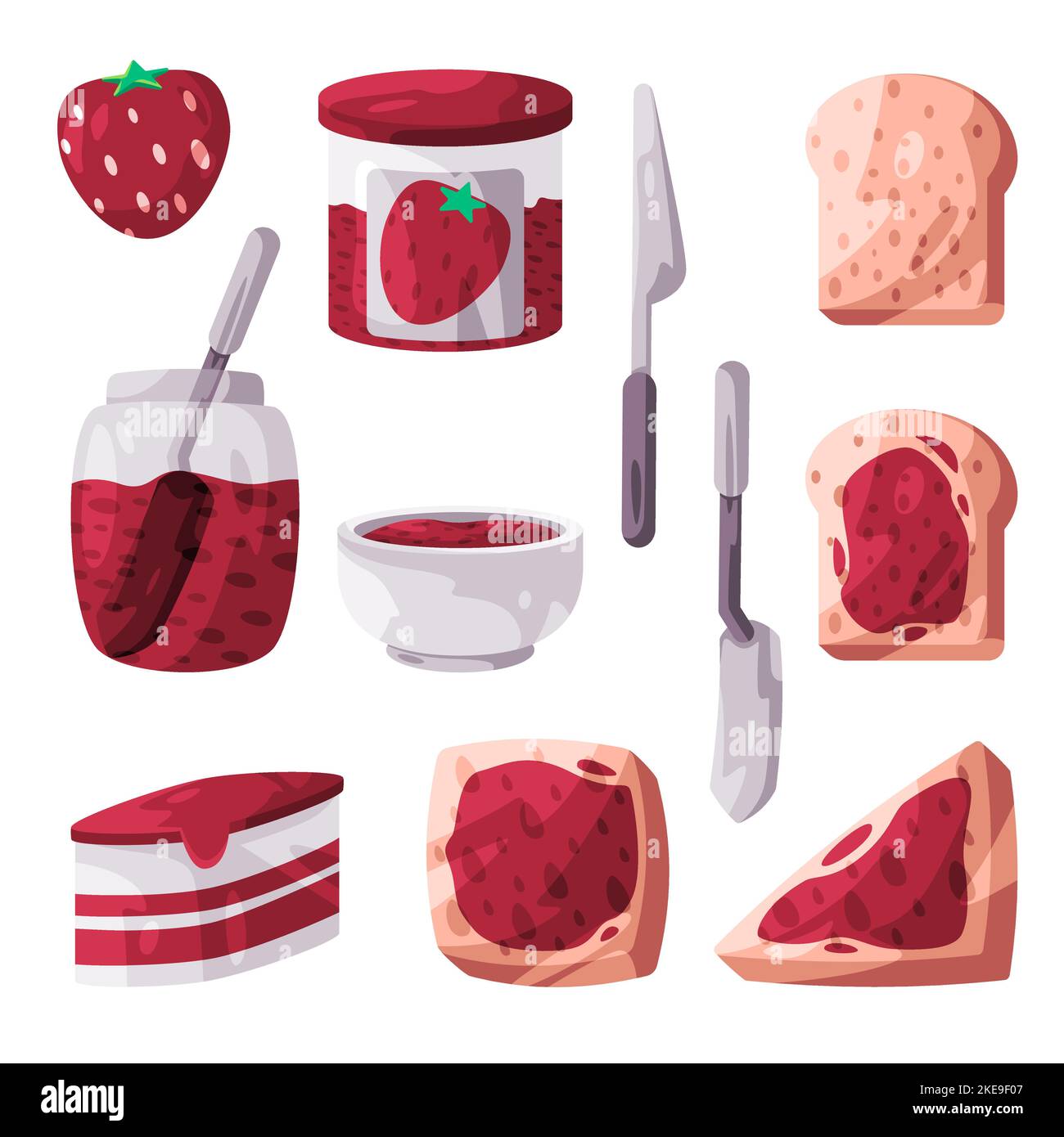 Strawberry jam spread in sliced baked bread sandwich object set collection Stock Vector Image