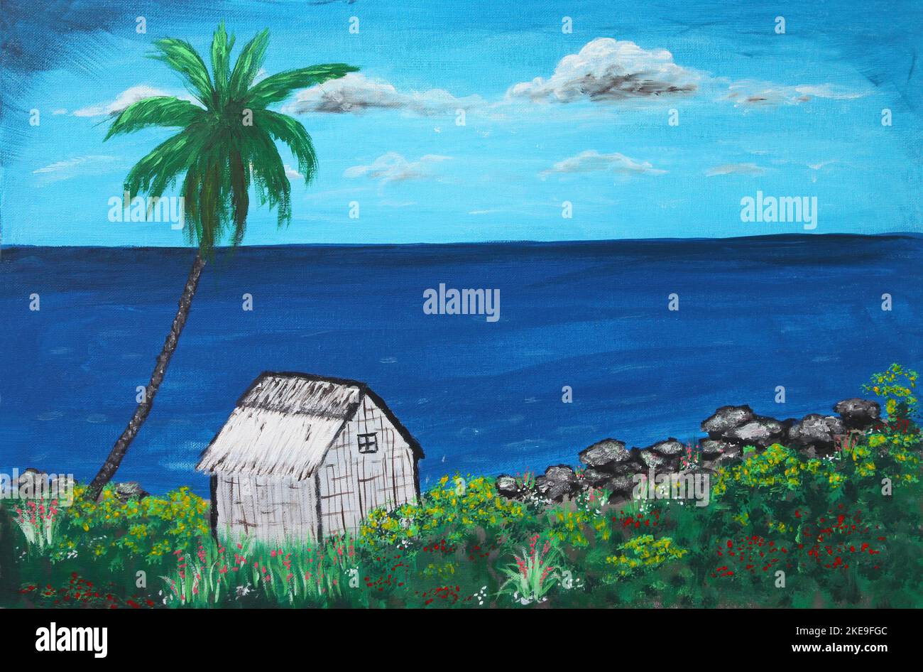 Oil painting of White beach hut by tropical ocean Stock Photo