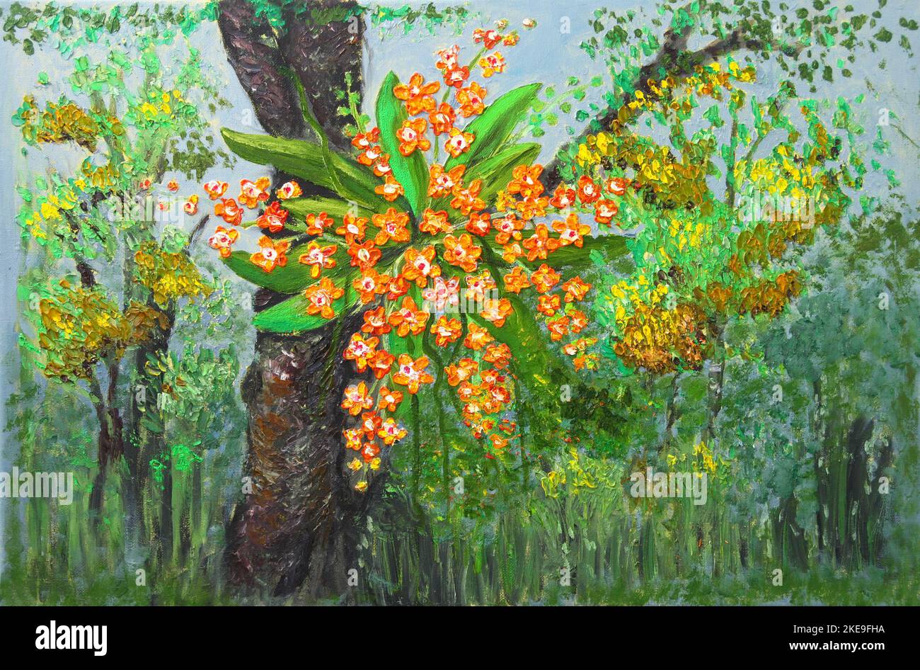 Oil painting of Wild orange orchids growing on tree trunk Stock Photo