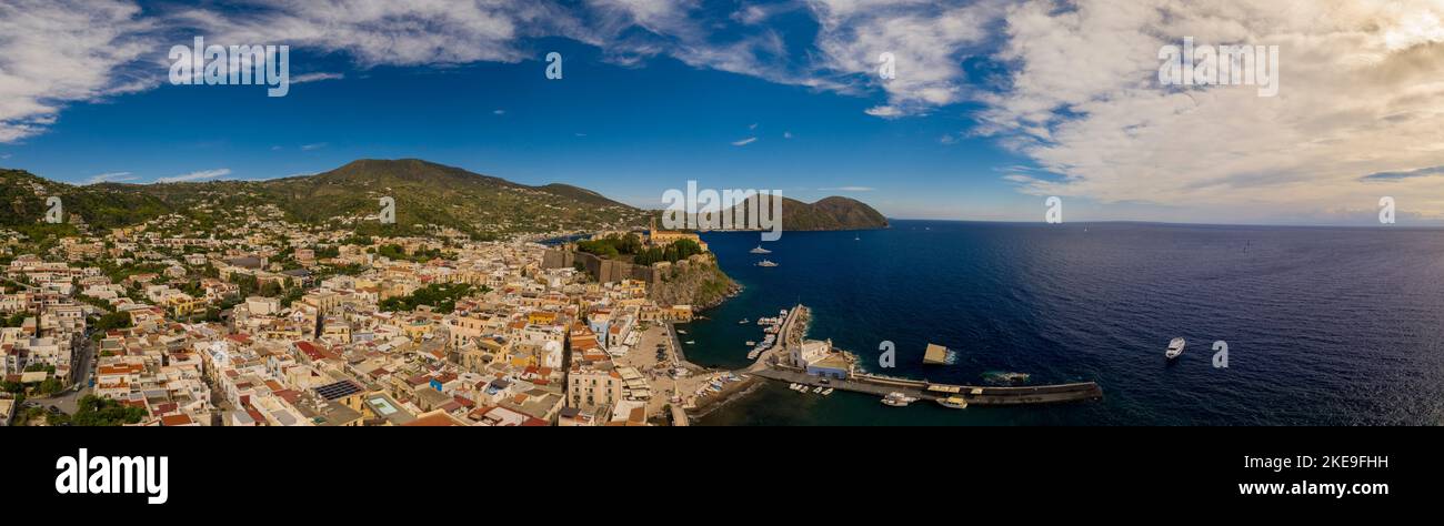 High Angle View Of Lipari Town, and ancient fortress Lipari Island, Aeolian Islands, Italy Stock Photo