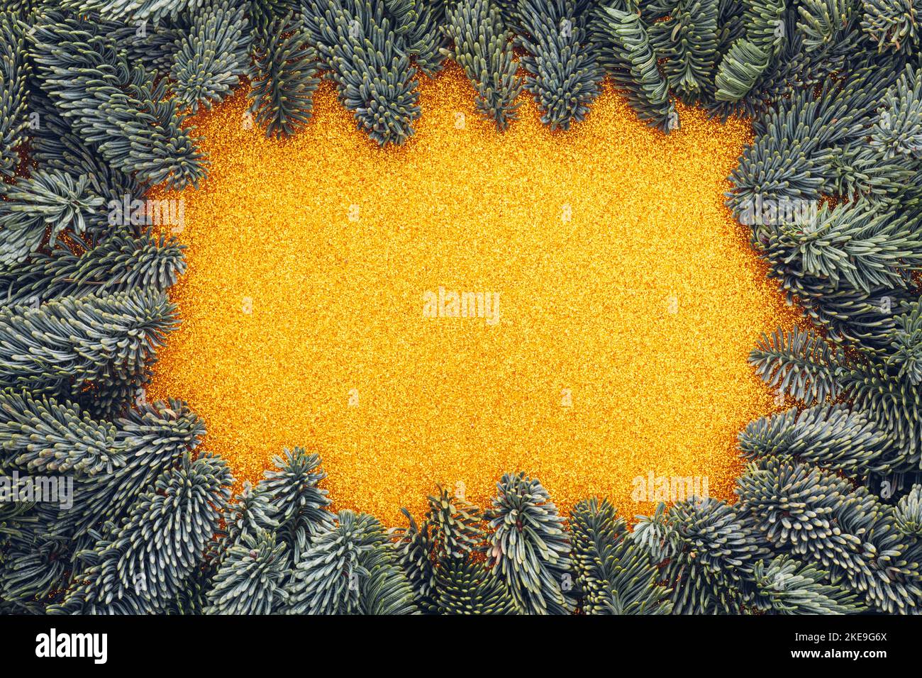 Golden glitter texture framed by Christmas tree branches Stock Photo