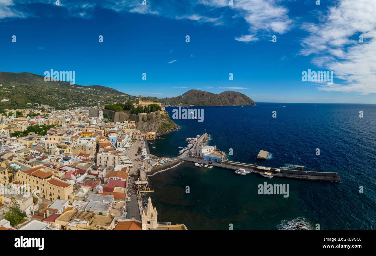 High Angle View Of Lipari Town, and ancient fortress Lipari Island, Aeolian Islands, Italy Stock Photo