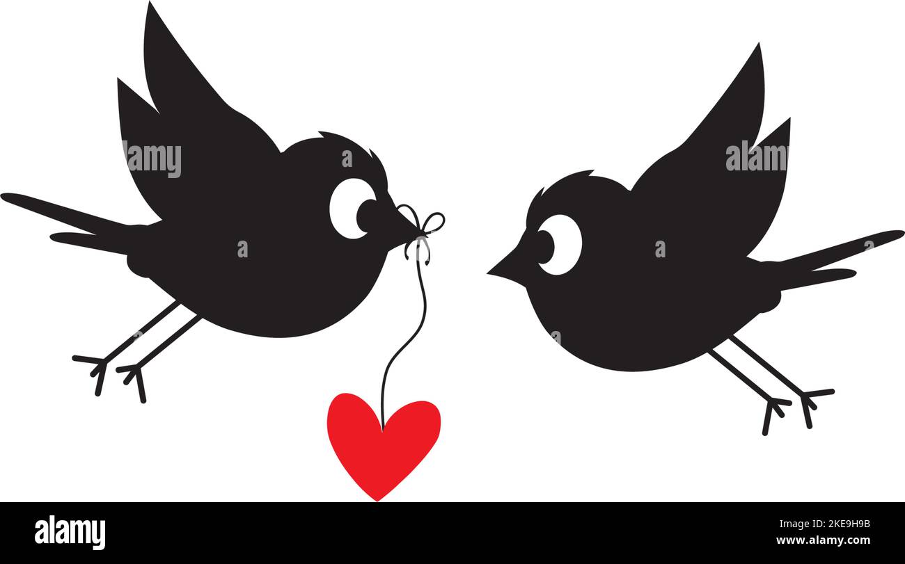 Flying birds silhouettes holding red heart illustration, vector. Fun cartoon art design. Minimalist poster design isolated on white background. Art Stock Vector