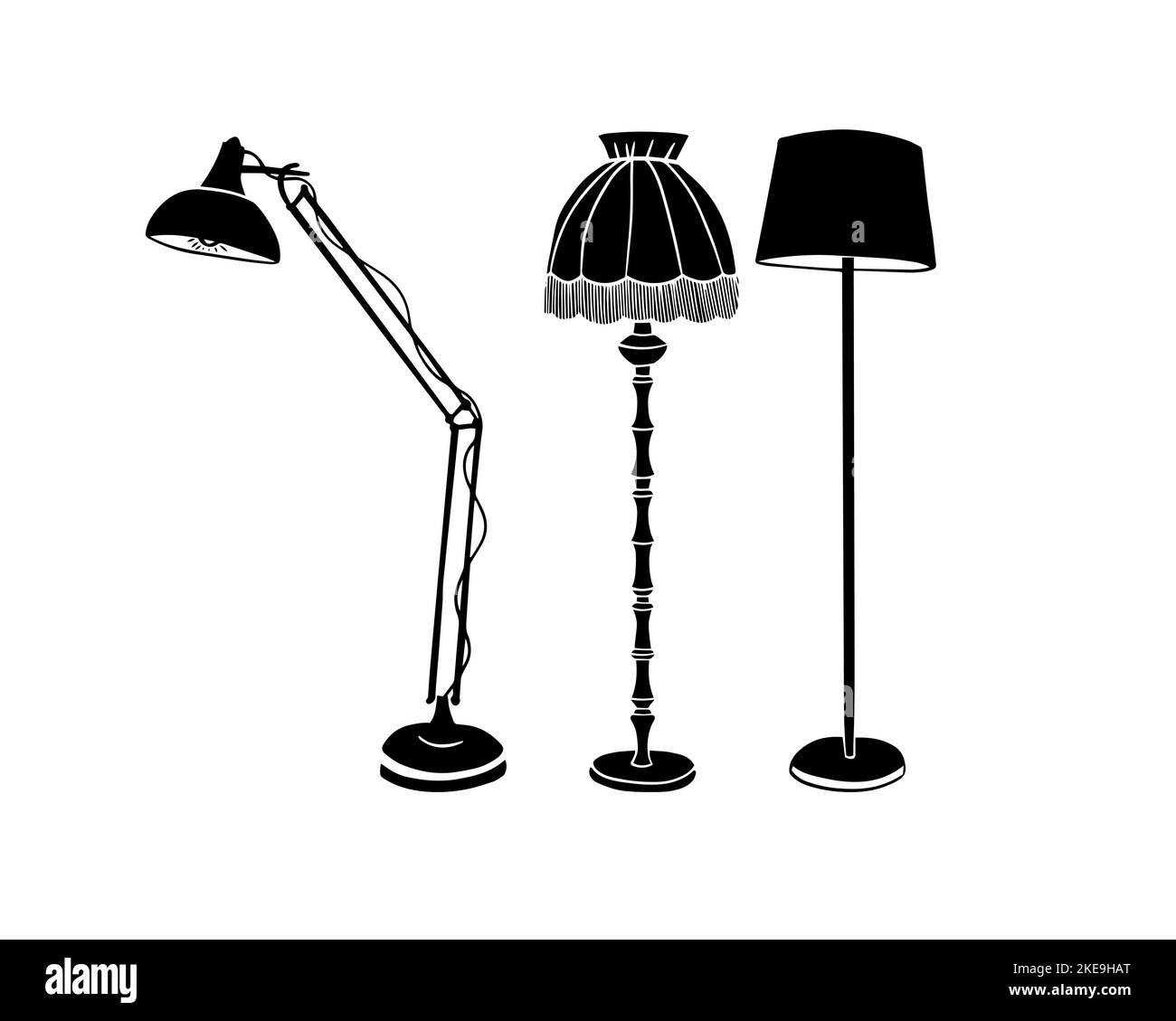 Set Floor lamps black silhouette object on white background. Vintage