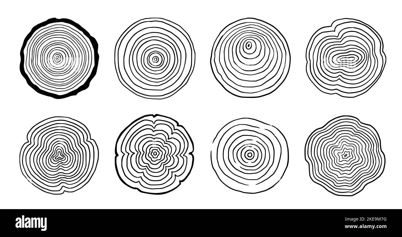 Tree ring wood circle set. Hand drawn tree ring pattern, line ripple ...