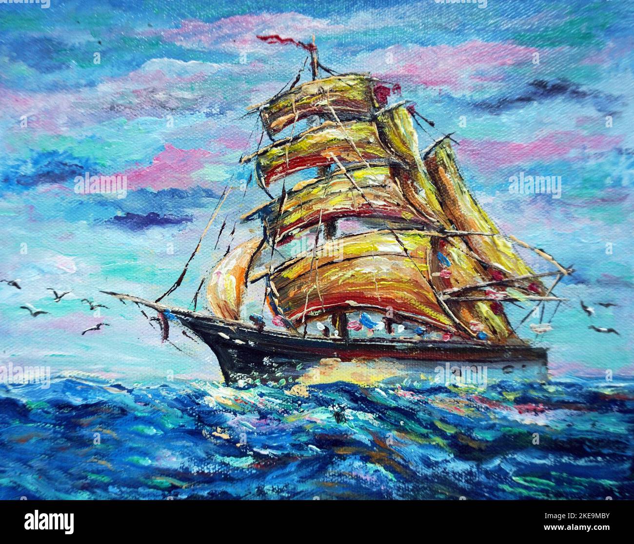 Art painting oil color barque lucky , sailboat , junk boat , Lucky trade Stock Photo