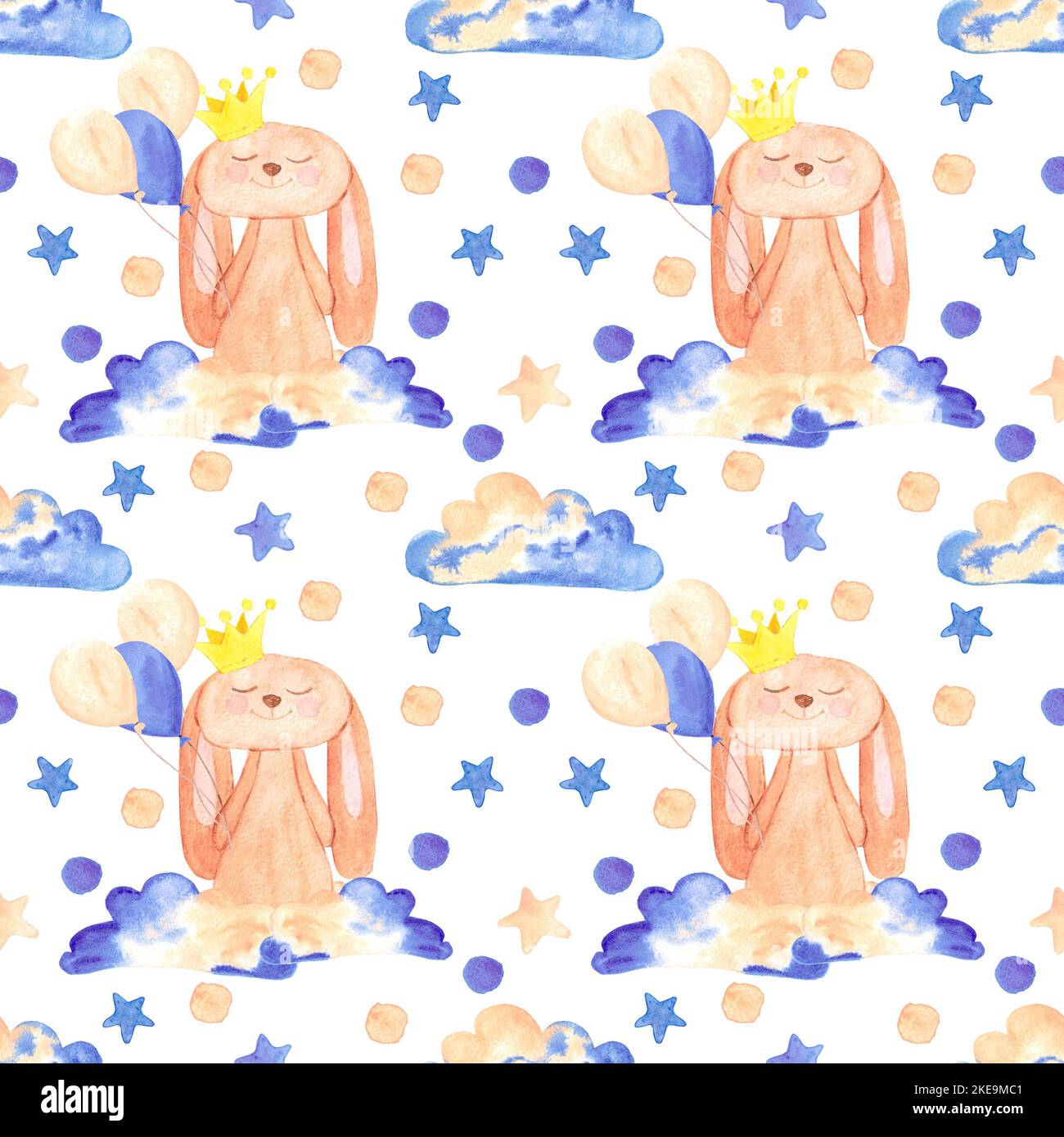 Handdrawn watercolor bunny, clouds and stars seamless pattern children ...