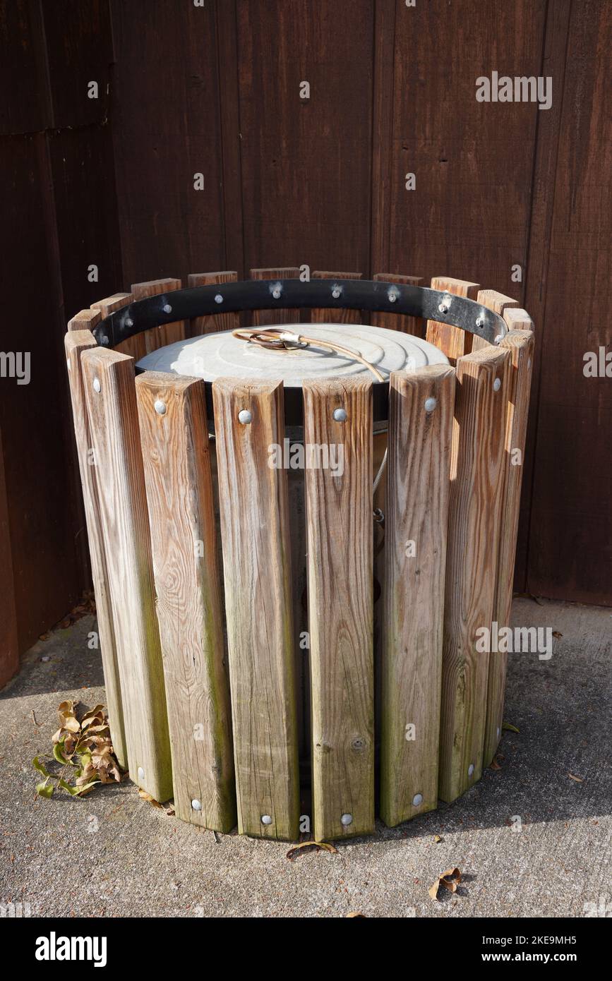 Metal Trash can at a Campground Stock Photo