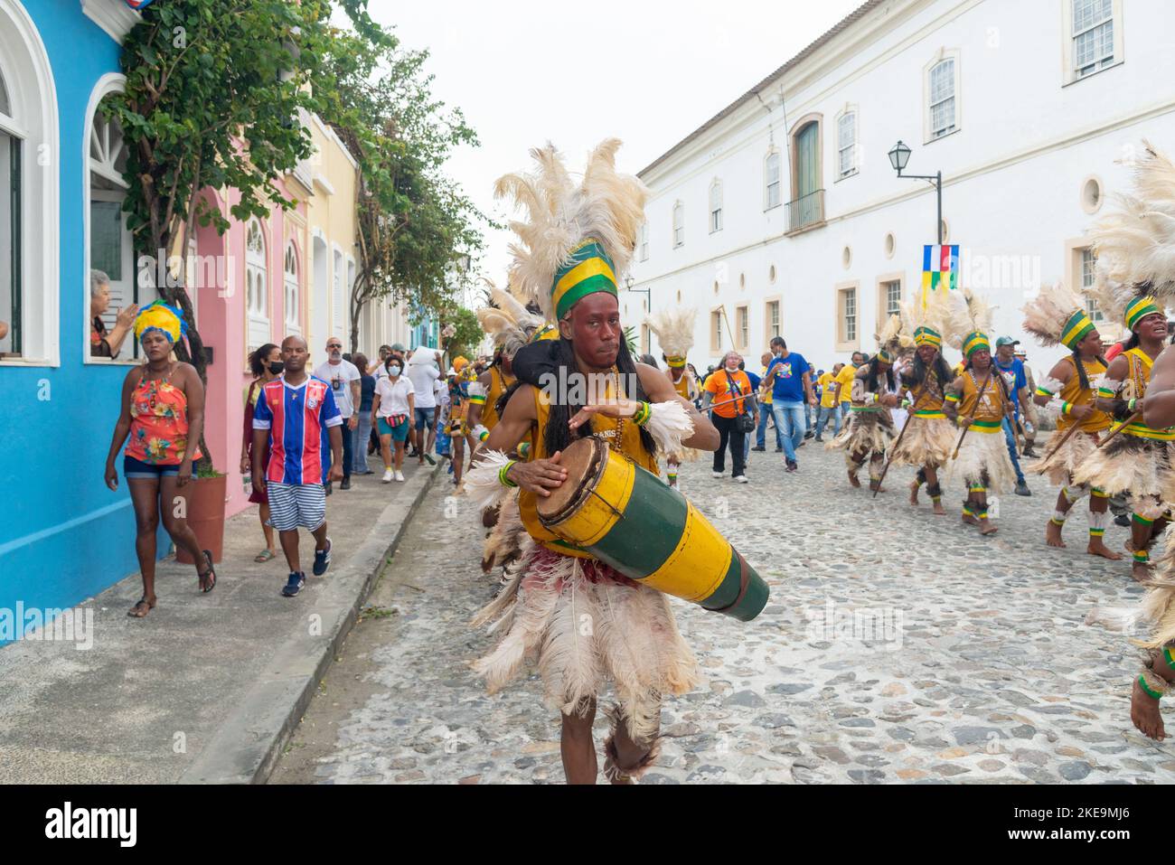 A group of indigenous people parades in the civic commemoration of