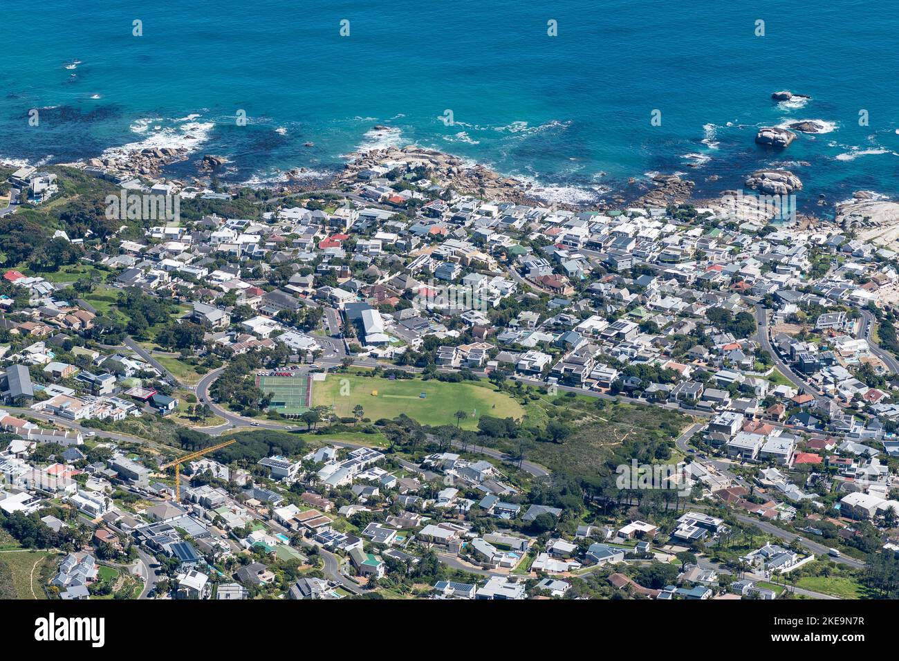 Cape Town, South Africa - Sep 14, 2022: Part of Camps Bay and the Symmonds Field and Sports Facilities as seen from Table Mountain in Cape Town Stock Photo