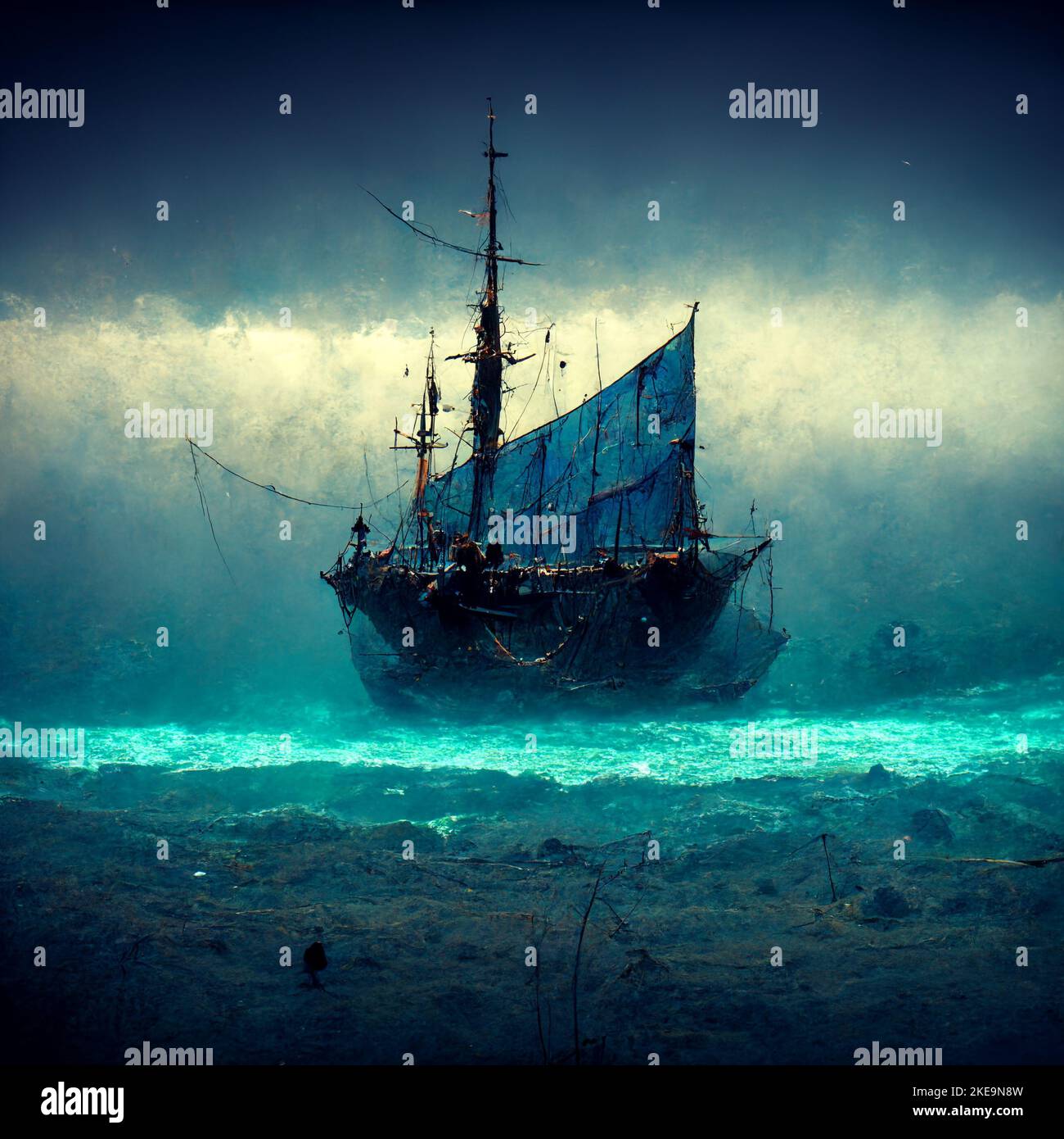 A digital drawing of a pirate ship in ocean waves at night Stock Photo