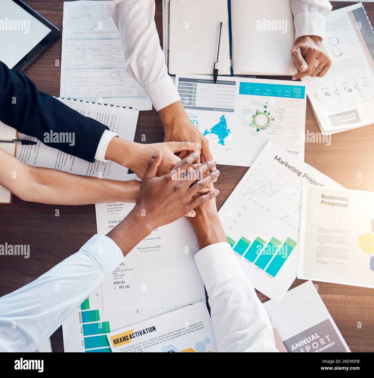 Team, hands and marketing business support collaboration for innovation stratergy planning. Diversity, b2b teamwork and global networking business Stock Photo