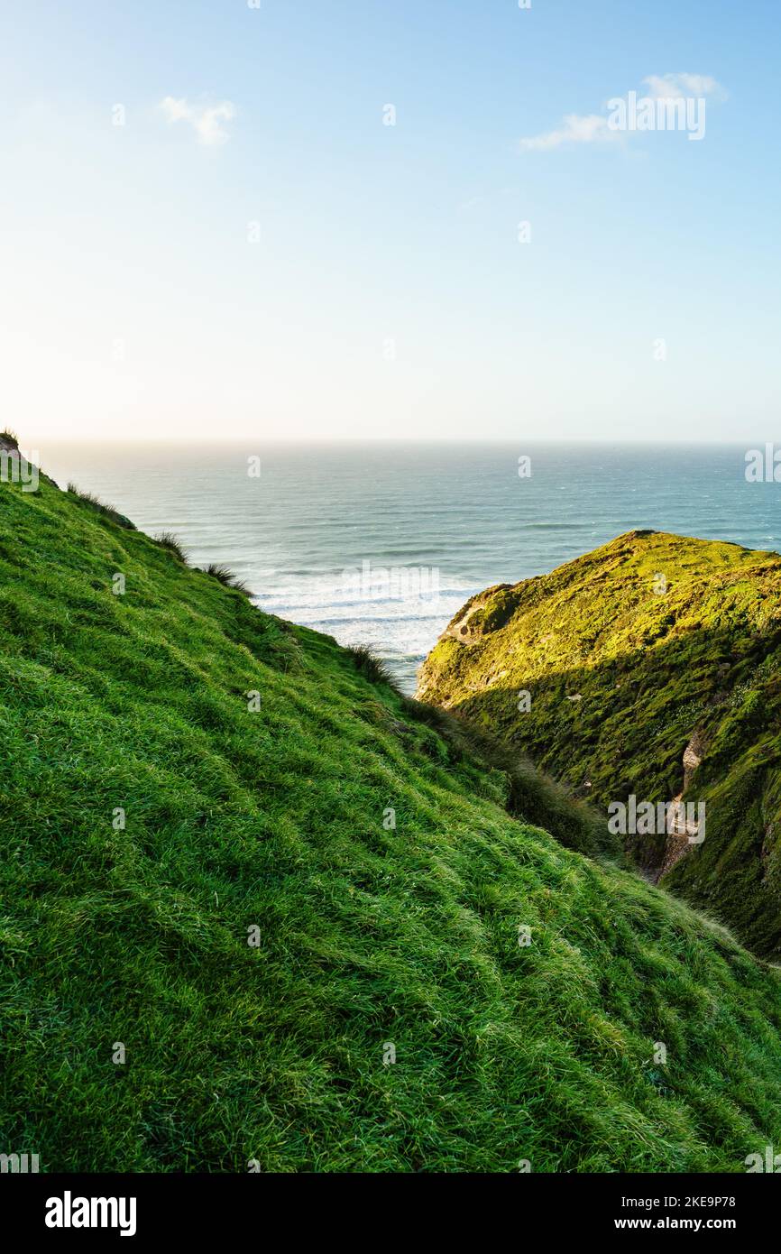 A beautiful coastal landscape with green rolling hills and cliffs at ...