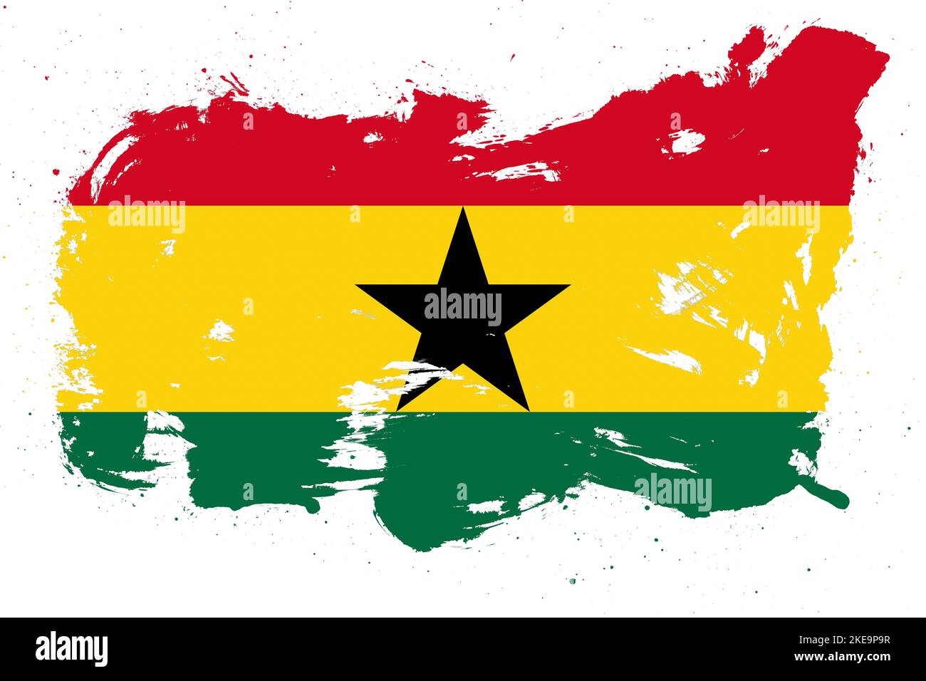 Ghana flag with painted grunge brush stroke effect on white background Stock Photo