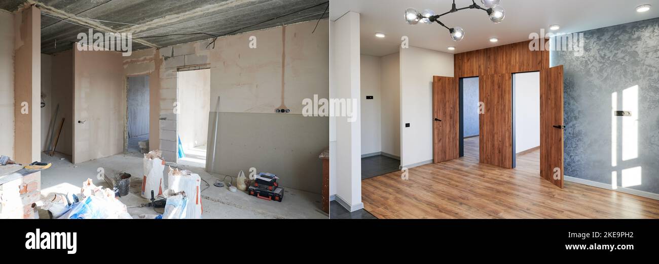 Comparison of old room with building tools and new renovated room. Photo collage of apartment before and after restoration. Concept of home renovation. Stock Photo