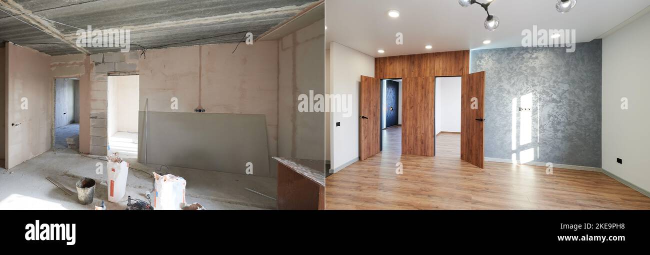 Comparison of old room with building tools and new renovated room. Photo collage of apartment before and after restoration. Concept of home renovation. Stock Photo