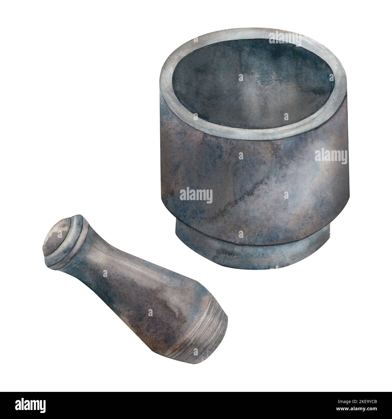 Mortar Watercolor. Isolate. Illustration for clipart. Designed for menus, culinary blogs, packaging, textiles, web design, sites, stickers, invitation Stock Photo