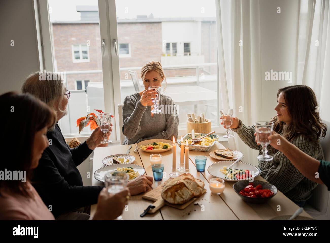 Family raising toast at dinner Stock Photo Alamy