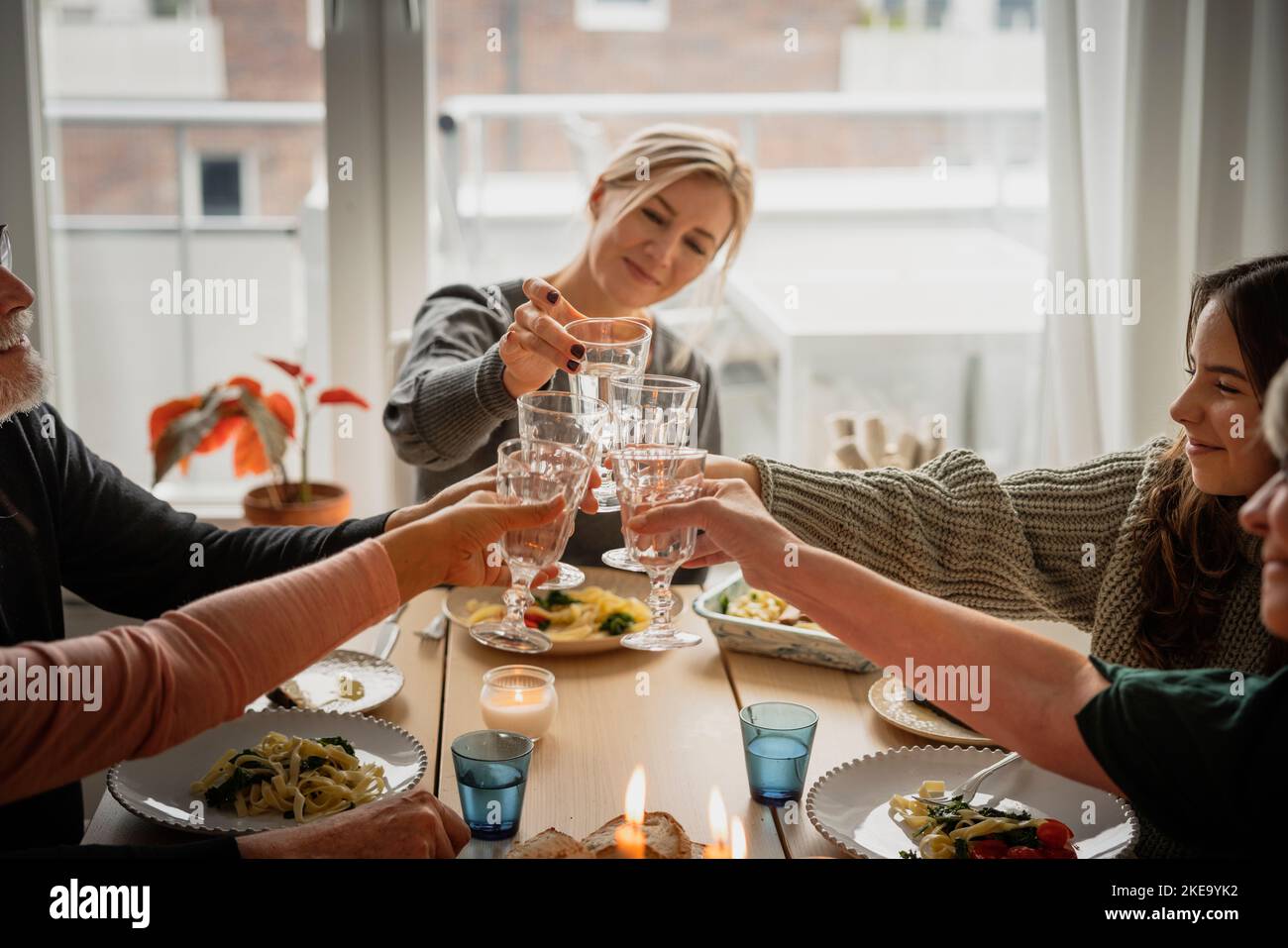 Family raising toast at dinner Stock Photo Alamy