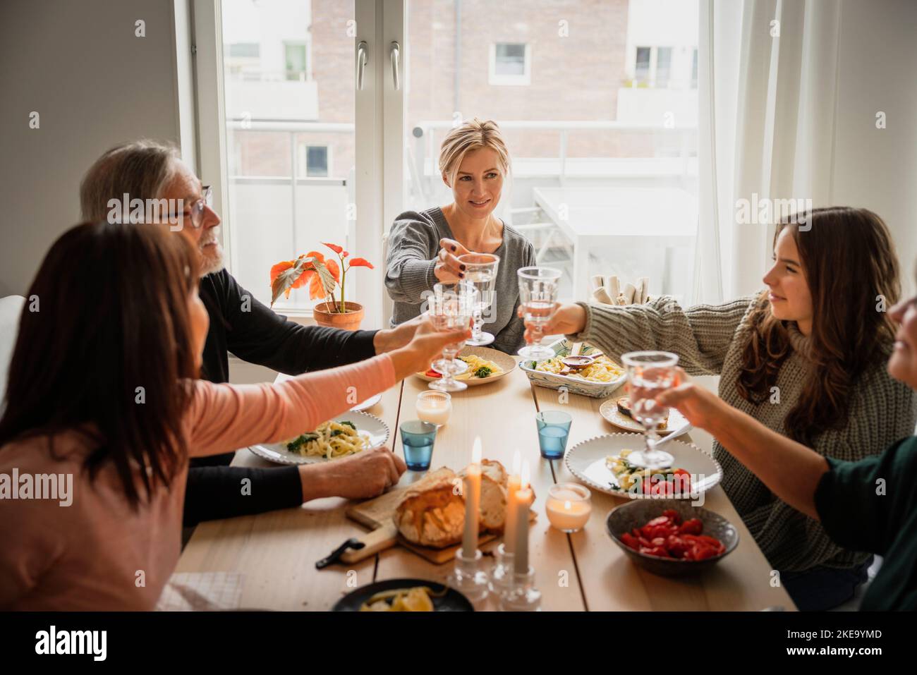 Family raising toast at dinner Stock Photo Alamy