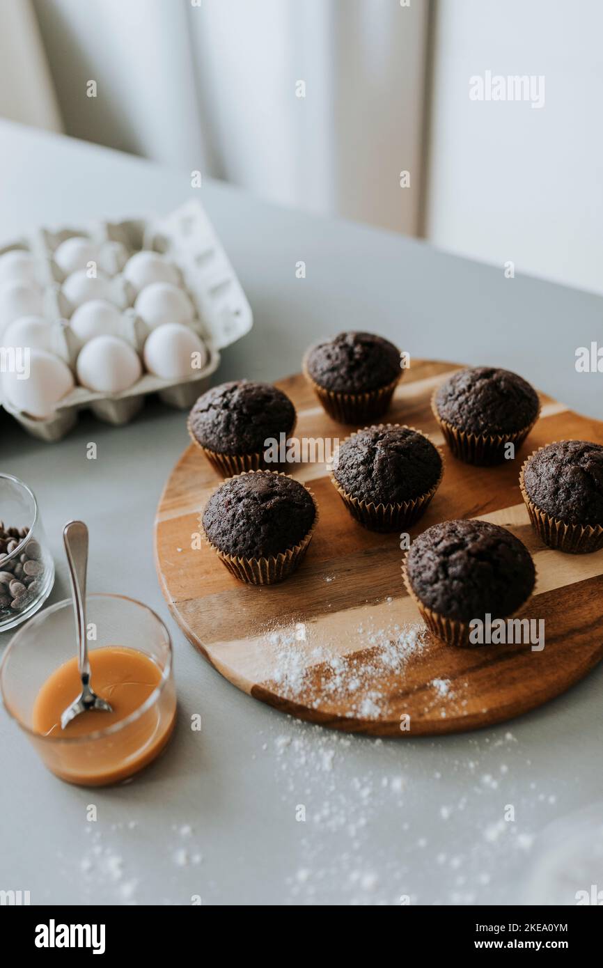 Cupcakes on wooden board Stock Photo